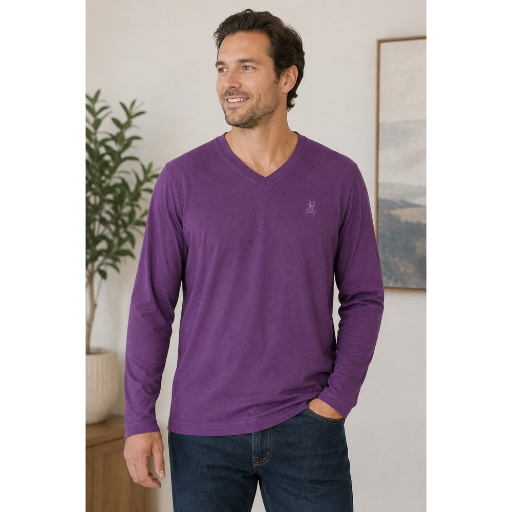 Psycho Bunny Shirt Men's Small V-Neck Long Sleeve Purple
